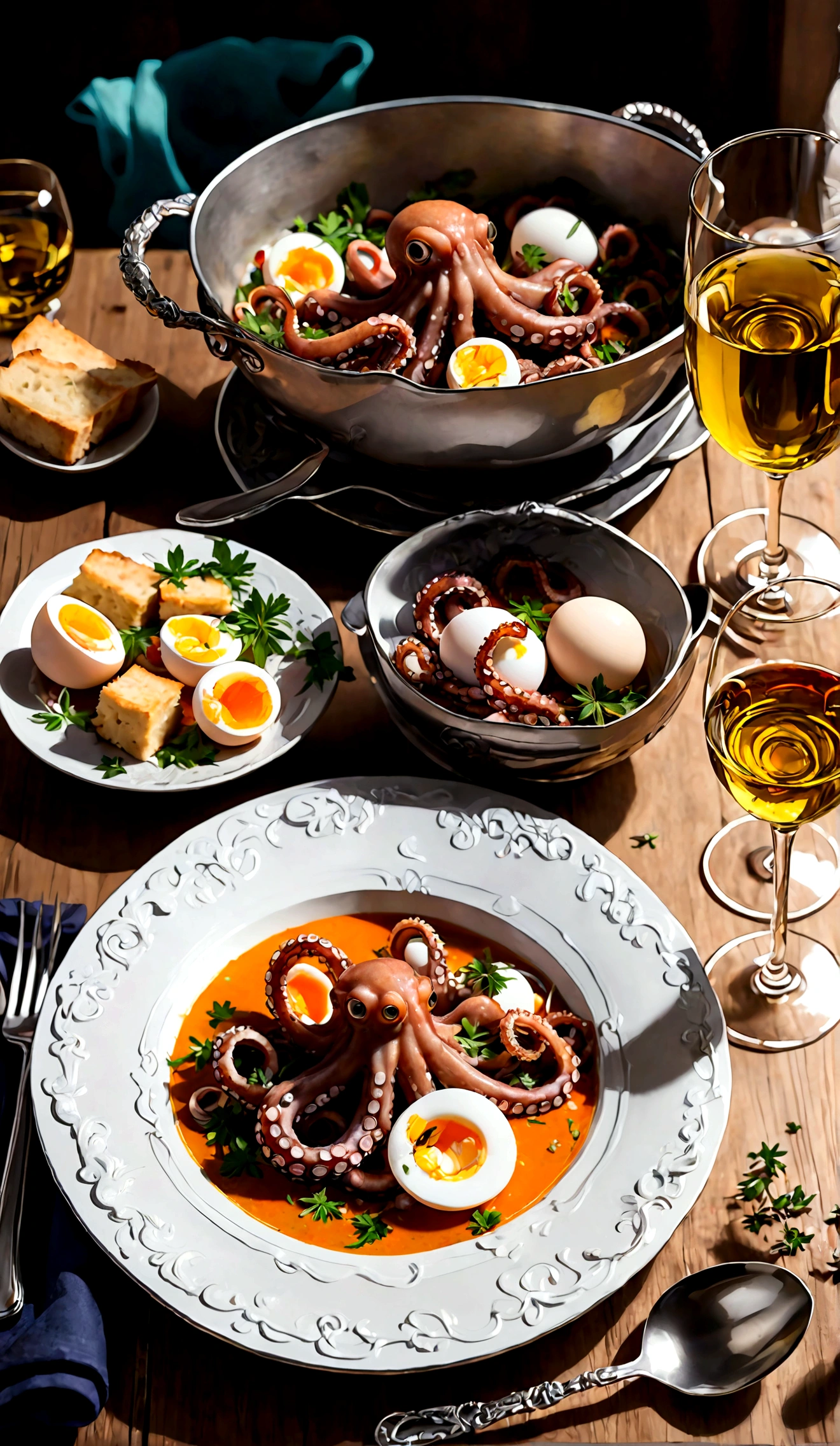 a plate of very tasty-looking soup with large tentacles of octopus seasoned with stewed tomatoes, chunks of cheese and lemon. a table set for dinner, gold cutlery, a glass of champagne. A vase with ice and a bottle of wine.
