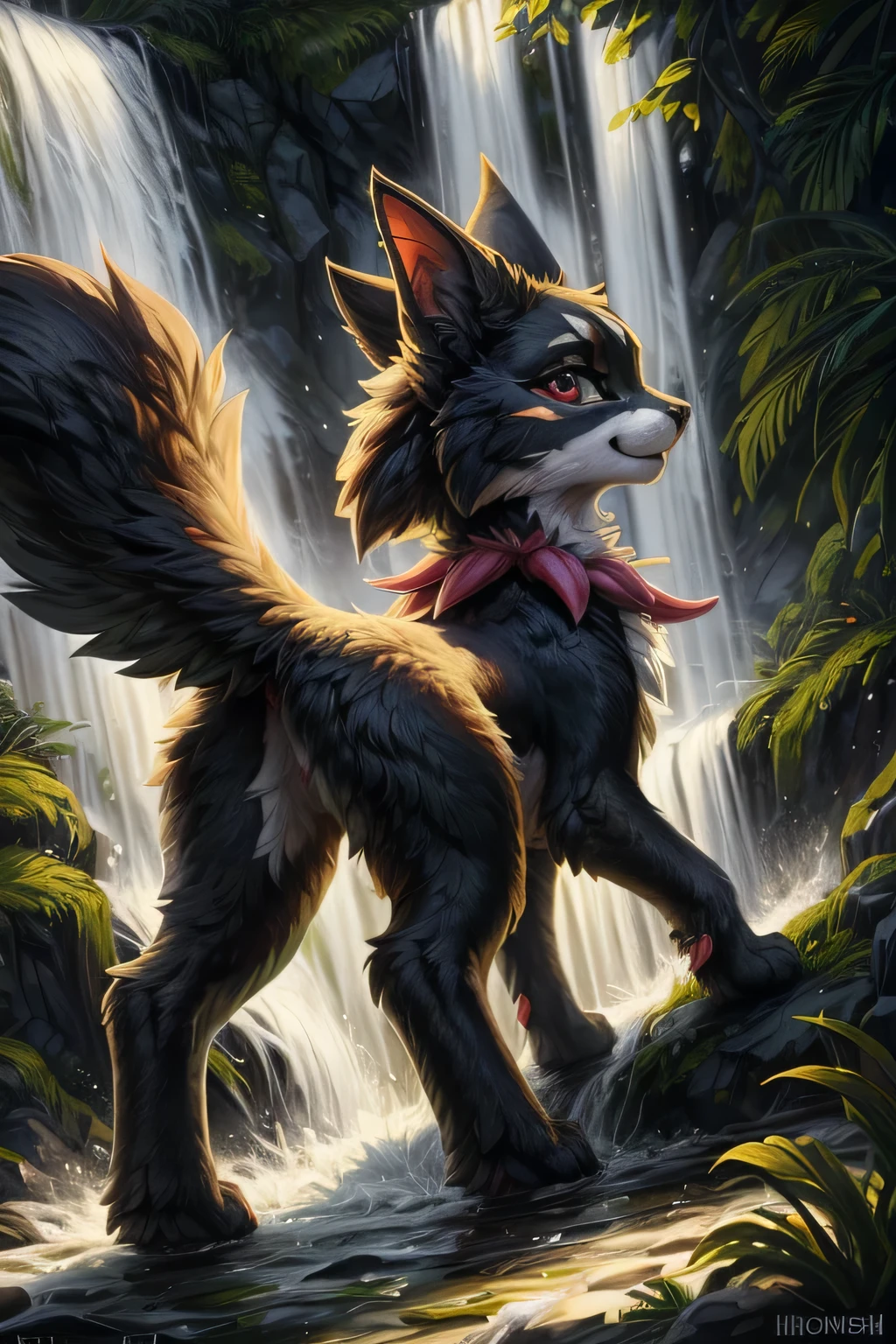 animal focus, three-quarter view, (feral), meowscarada, eeveelution, presenting hindquarters, fur, raised tail, (solo), big eyes, pupils, paws, waterfall, ((symmetrical)), female, anatomically correct,,, masterpiece, best quality, by hioshiru, snowskau, foxovh. impasto impressionism, by Michael & Inessa Garmash, Ruan Jia, Pino Daeni, detailed background,