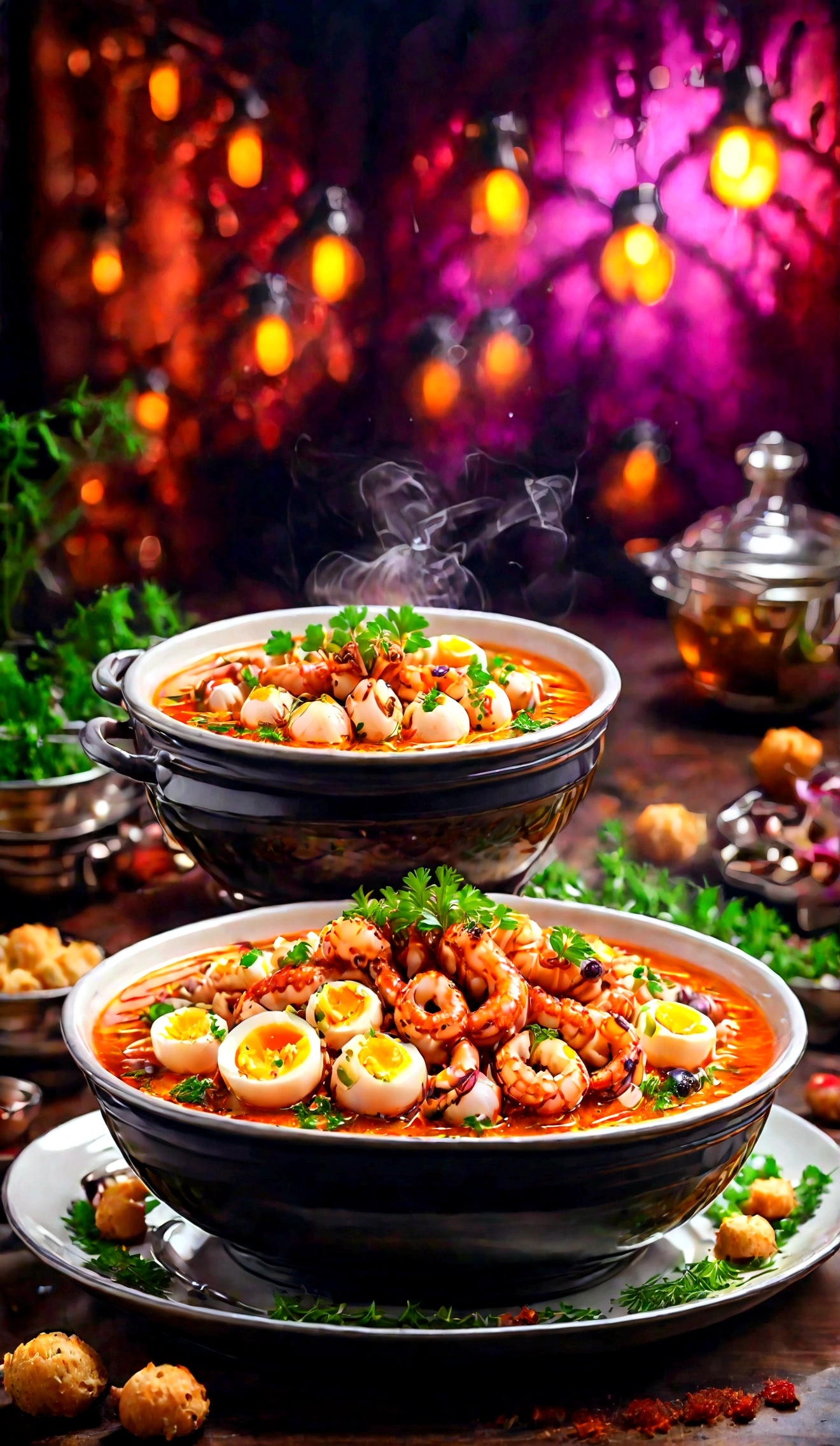 a plate of very tasty-looking soup with large tentacles of octopus seasoned with stewed tomatoes, chunks of cheese and lemon. a table set for dinner, gold cutlery, a glass of champagne. A vase with ice and a bottle of wine.
