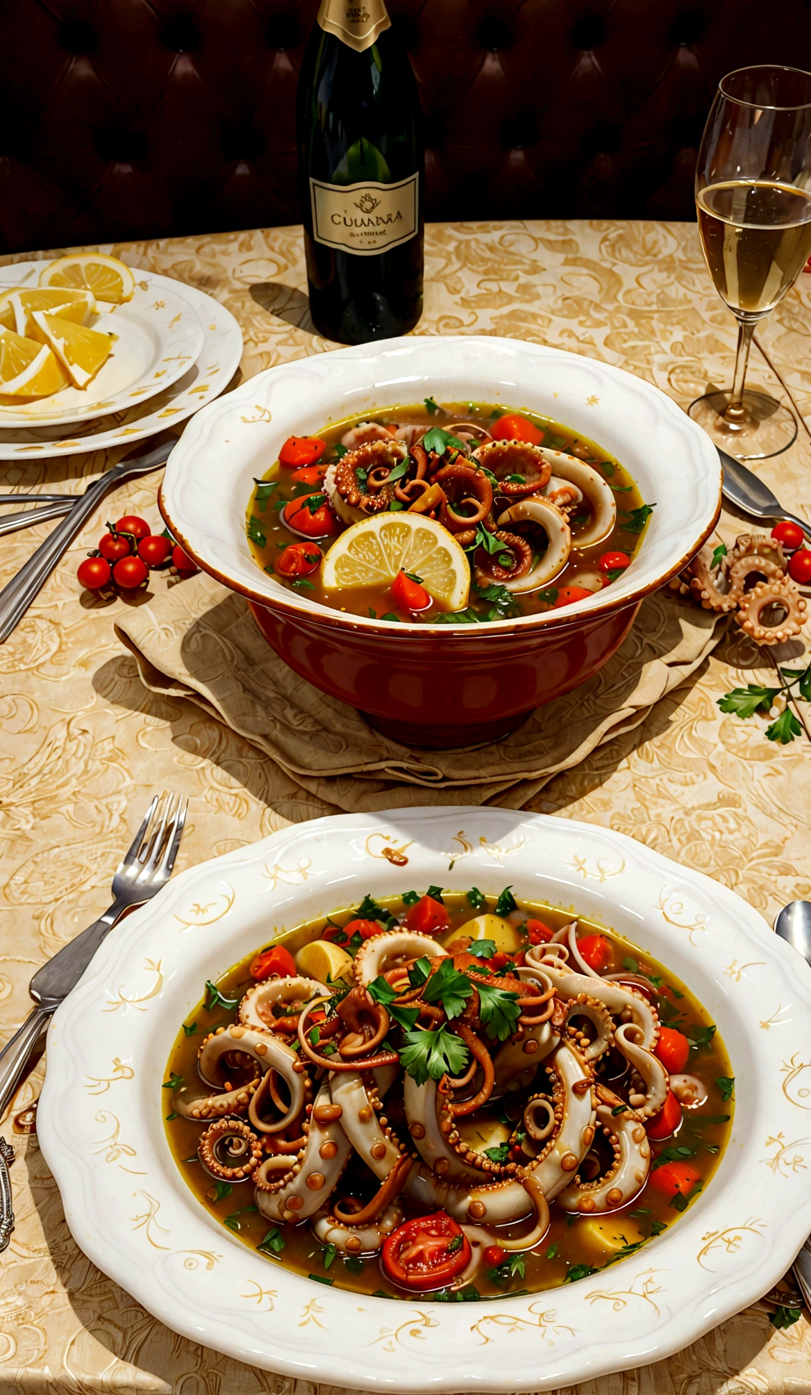 a plate of very tasty-looking soup with large tentacles of octopus seasoned with stewed tomatoes, chunks of cheese and lemon. a table set for dinner, gold cutlery, a glass of champagne. A vase with ice and a bottle of wine.
