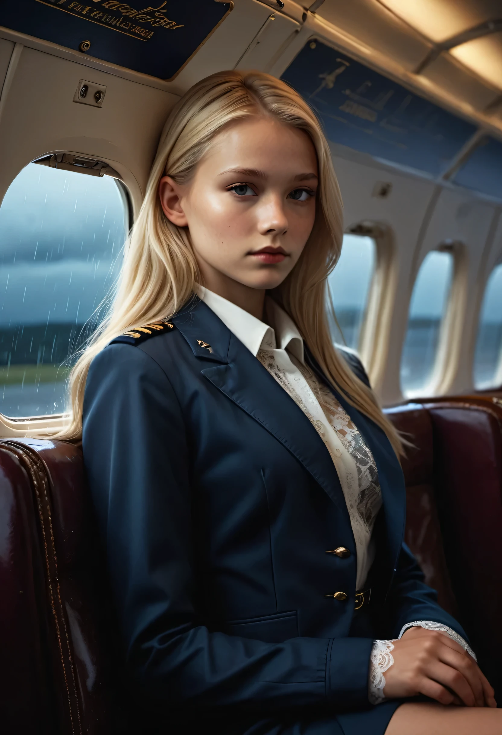 by Bojan Jevtic, Michael Borremans, Vector Art, RAW photo,1/2 length shot of a strong 11yo Young Norwegian Beauty, air hostess, alluring, Thoughtful Pose, Land Art, Ilford HP5+ 400, F/5, perfect skin, Smooth Skin, Flat chested, Bold, Brilliant Dim Background Light, low key lighting, deep rich colours, deep dark shadows, sharp and in focus, 8k, Visual novel, Brilliant Masterpiece, orgasmic expression, long straight hair, blonde hair, colour, open jacket, lace bra, background of dark antique aircraft seating, deep dark night, rain on windows, 
