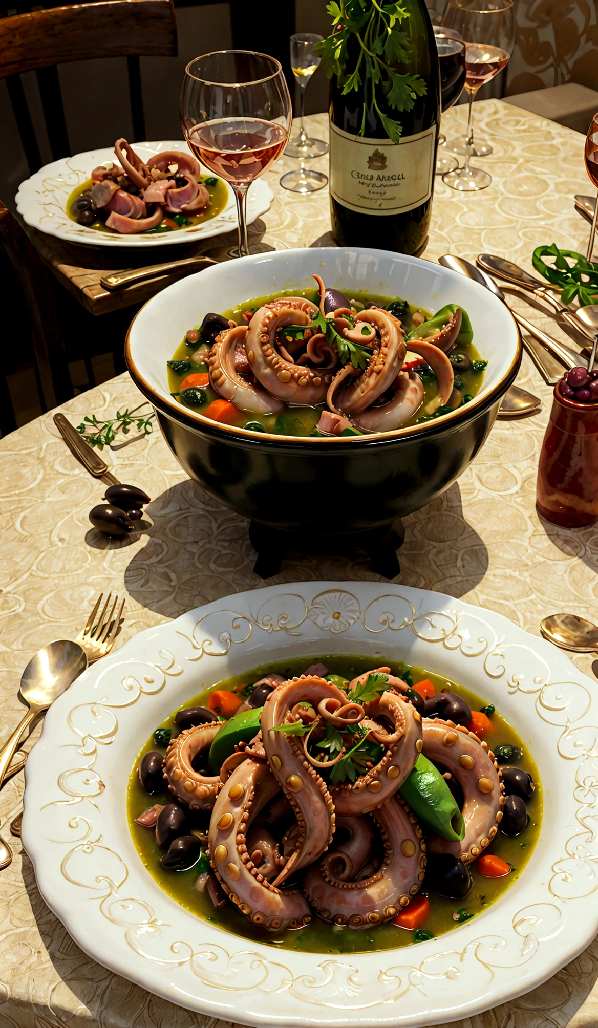 a plate of very tasty-looking soup with large tentacles of octopus seasoned with stewed tomatoes, chunks of cheese and lemon. a table set for dinner, gold cutlery, a glass of champagne. A vase with ice and a bottle of wine.
