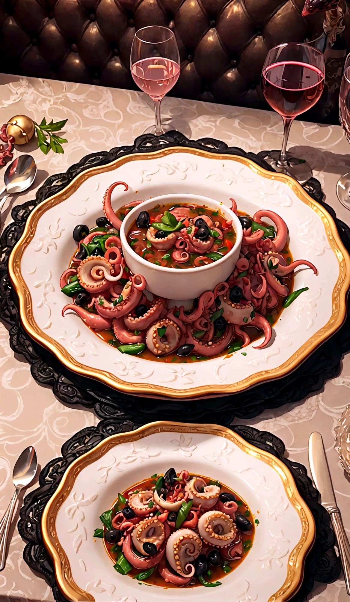 a plate of very tasty-looking soup with large tentacles of octopus seasoned with stewed tomatoes, chunks of cheese and lemon. a table set for dinner, gold cutlery, a glass of champagne. A vase with ice and a bottle of wine.
