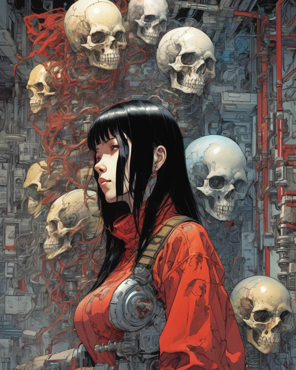 1 female demonic  cyborg , tubes connected to the wall
beautiful 
long black hair
praying
mechanical limbs
red turtle neck tight
skulls
(color ink painting by  Katsuhiro Otomo, Moebius, Victo Ngai	 Katsuya Terada, Aaron Horkey )