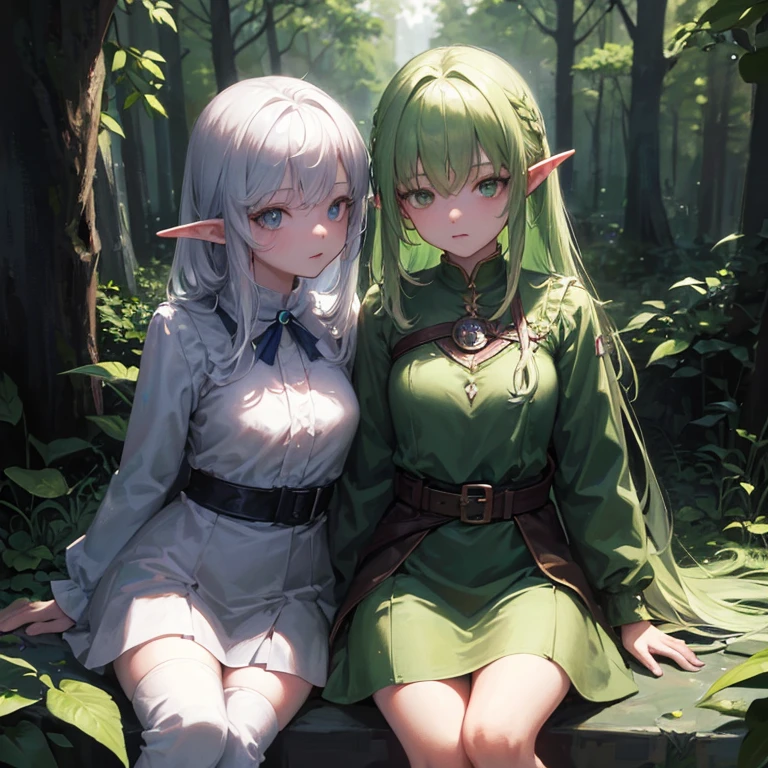 (8k, super details, award winning, high res), anime illustration, two elf girls. One with long silver hair, green eyes. The other with short golden hair, blue eyes, in a green tunic. Set in a magical forest with glowing flowers and ancient trees.