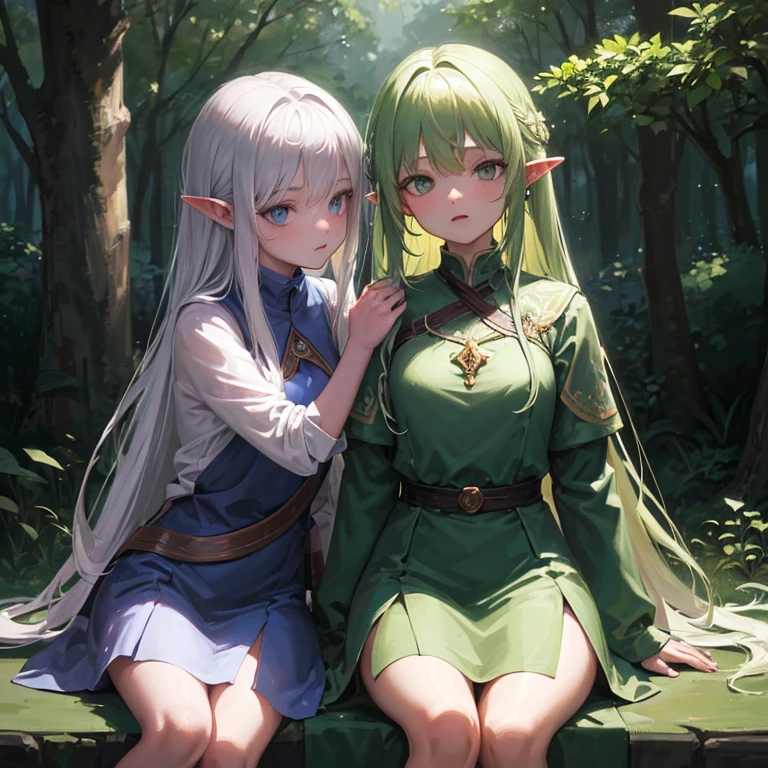 (8k, super details, award winning, high res), anime illustration, two elf girls. One with long silver hair, green eyes. The other with short golden hair, blue eyes, in a green tunic. Set in a magical forest with glowing flowers and ancient trees.