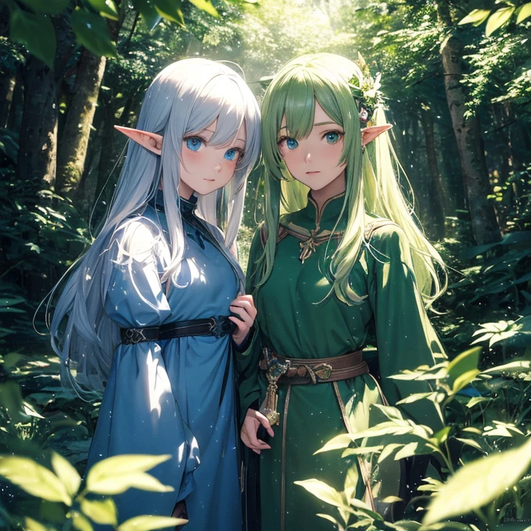 (8k, super details, award winning, high res), anime illustration, two elf girls. One with long silver hair, green eyes. The other with short golden hair, blue eyes, in a green tunic. Set in a magical forest with glowing flowers and ancient trees.