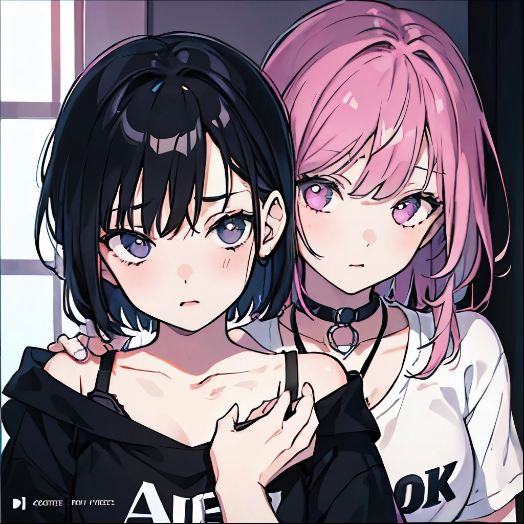 Anime girl with pink hair and black top hugging another girl - SeaArt AI