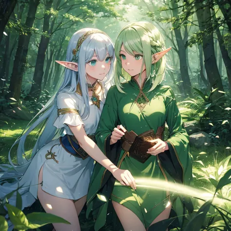 (8k, super details, award winning, high res), anime illustration, two elf girls. one with long silver hair, green eyes. the othe...