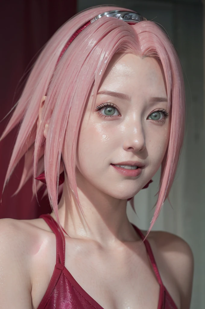 person with short hair and a hoodie, haruno sakura, haruno sakura from naruto, from naruto, as an anime character, perfect anime face, she has pink hair, female anime character, anime character, anime best girl, hime cut hairstyle, pink hair, (red glossy lips:1.3), light green eyes, smile,  (beautiful face:1.3), showing armpits, sweaty body