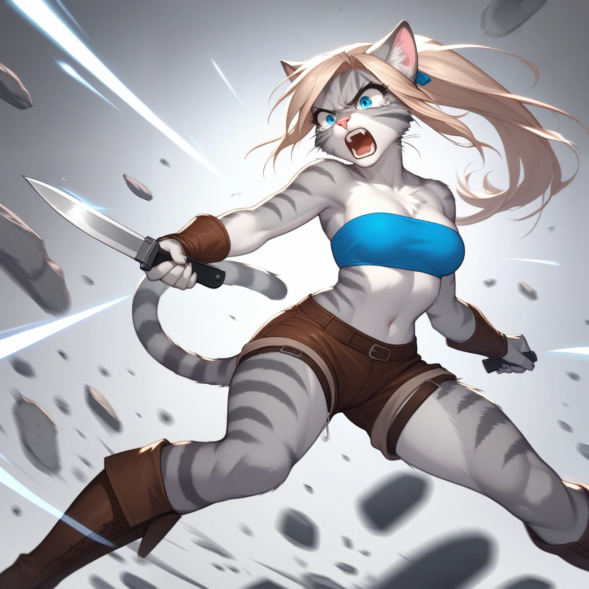 홀로, 점수_9,점수_8_위로,점수_7_위로, 원천_만화, 원천_모피, 고양이, Anthro 모피 feline girl, 키가 큰 몸, 모래시계 모양, 성인 여성, 파란 눈, :3, 주둥이, 분홍색 코, silver 모피 body, 회색 얼룩무늬 고양이 줄무늬, 긴 금발 머리, 포니테일 머리, 파란색 반두를 입고, 갈색 짧은 반바지, 갈색 부츠, 가죽 스트랩 액세서리, 칼 두 개를 들고, 서 있는, 전투태세, 칼을 휘두르는 것, 찌르는 동작, 외침, 화난, she is tearing 위로