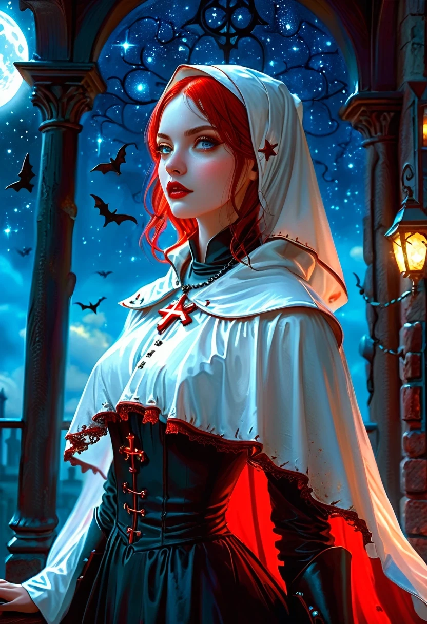 a picture of an exquisite beautiful female (nun: 1.3) vampire standing under the starry night sky on the porch of her monastary, action shot, dynamic angle (ultra detailed, Masterpiece, best quality), ultra detailed face (ultra detailed, Masterpiece, best quality), ultra feminine, (pale skin: 1.3), red hair, wavy hair, dynamic eyes color, cold eyes, glowing eyes, intense eyes, dark red lips, ((fangs: 1.1)), wearing white nun habit (ultra detailed, Masterpiece, best quality), wearing (blue cloak: 1.3) (ultra detailed, Masterpiece, best quality), long cloak, flowing cloak (ultra detailed, Masterpiece, best quality), wearing (high heeled boots: 1.3), sky full of stars background, moon, bats flying about, action shot, high details, best quality, 16k, [ultra detailed], masterpiece, best quality, (ultra detailed), full body, ultra wide shot, photorealism, dark fantasy art, dark fantasy art, gothic art, many stars, dark fantasy art, gothic art, sense of dread,  GlowingRunesAI_red, Anime Studio Trigger, Cinematic Hollywood Film style