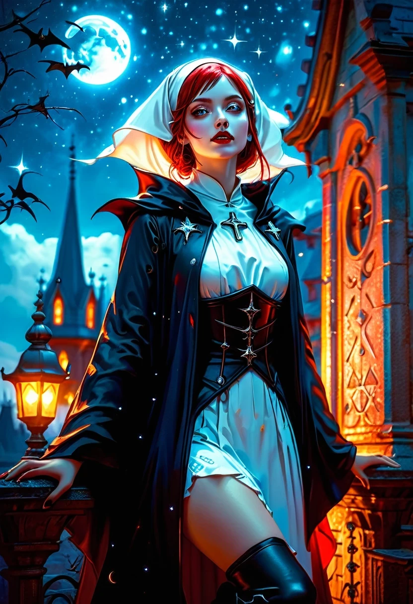 a picture of an exquisite beautiful female (nun: 1.3) vampire standing under the starry night sky on the porch of her monastary, action shot, dynamic angle (ultra detailed, Masterpiece, best quality), ultra detailed face (ultra detailed, Masterpiece, best quality), ultra feminine, (pale skin: 1.3), red hair, wavy hair, dynamic eyes color, cold eyes, glowing eyes, intense eyes, dark red lips, ((fangs: 1.1)), wearing white nun habit (ultra detailed, Masterpiece, best quality), wearing (blue cloak: 1.3) (ultra detailed, Masterpiece, best quality), long cloak, flowing cloak (ultra detailed, Masterpiece, best quality), wearing (high heeled boots: 1.3), sky full of stars background, moon, bats flying about, action shot, high details, best quality, 16k, [ultra detailed], masterpiece, best quality, (ultra detailed), full body, ultra wide shot, photorealism, dark fantasy art, dark fantasy art, gothic art, many stars, dark fantasy art, gothic art, sense of dread,  GlowingRunesAI_red, Anime Studio Trigger, Cinematic Hollywood Film style