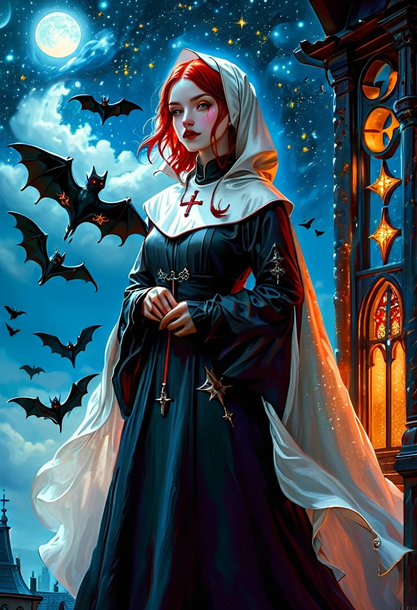 uma foto de uma mulher linda e requintada (nun: 1.3) vampira parada sob o céu noturno estrelado na varanda de seu monastério, foto de ação, Ângulo Dinâmico (ultra detalhado, obra de arte, melhor qualidade), ultra detalhado face (ultra detalhado, obra de arte, melhor qualidade), ultra feminine, (pele pálida: 1.3), vermelho hair, Cabelo ondulado, cor dinâmica dos olhos, Olhos frios, olhos brilhantes, olhos intensos, dark vermelho lips, ((presas: 1.1)), Vestindo white nun habit (ultra detalhado, obra de arte, melhor qualidade), Vestindo (manto azul: 1.3) (ultra detalhado, obra de arte, melhor qualidade), manto longo, Manto esvoaçante (ultra detalhado, obra de arte, melhor qualidade), Vestindo (botas de salto alto: 1.3), céu cheio de fundo de estrelas, lua, morcegos voando, foto de ação, detalhes altos, melhor qualidade, 16k, [ultra detalhado], obra de arte, melhor qualidade, (ultra detalhado), corpo todo, foto ultra ampla, fotorrealismo, arte de fantasia sombria, arte de fantasia sombria, arte gótica, muitas estrelas, arte de fantasia sombria, arte gótica, sensação de pavor,  GlowingRunesAI_vermelho