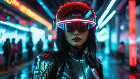 Una mujer hermosa，Wearing a translucent holographic helmet, Estilo de corrimiento al rojo 35 mm F2, day time, Ciudad Cyberpunk N...