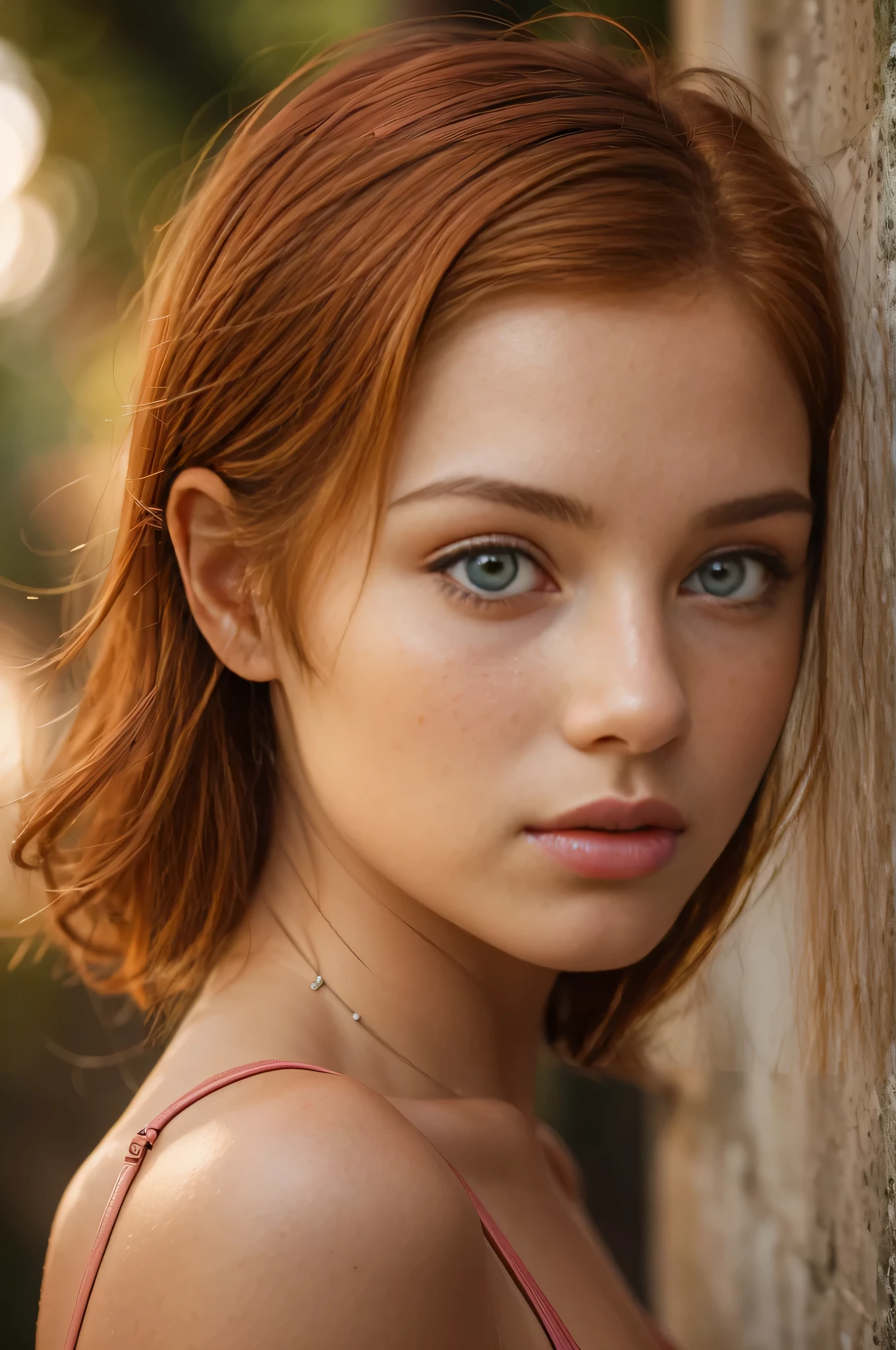 A close up of a woman with red hair leaning against a wall - SeaArt AI