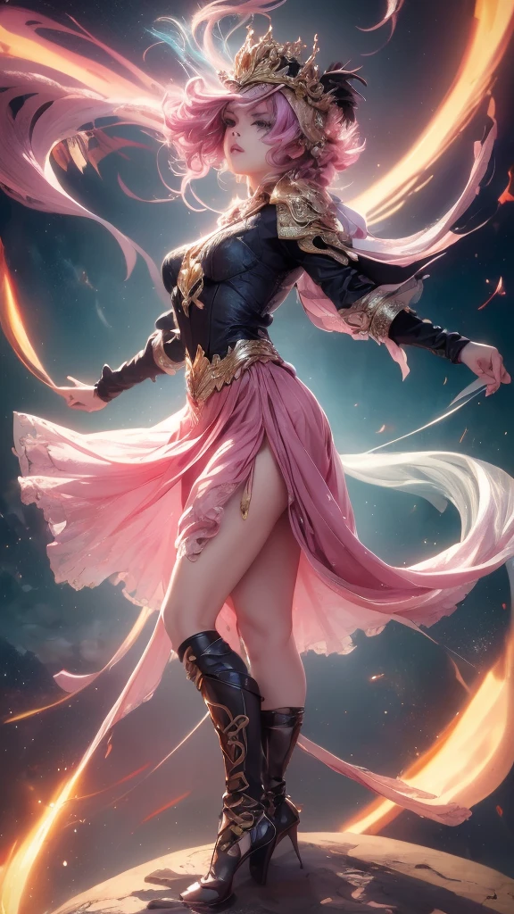 (highres:1.2),Armored Alien Princess,pink hair,wind-based powers,strong winds,hovering above the ground,flowing skirt,blowing in the wind,regal aura,ethereal beauty,sparkling eyes,long eyelashes,floating gracefully,alien technology,intricate armor,detailed helmet,golden accents,sci-fi style,glowing energy,commanding presence,celestial glow,vivid colors,royal insignia,captivating gaze,crown on head,wind manipulation,flight,graceful movements,majestic landscape,floating islands,clouds in vibrant hues,gentle breeze,air currents,sparkling particles in the wind,light rays illuminating the princess,ethereal lighting,cosmic background,otherworldly atmosphere