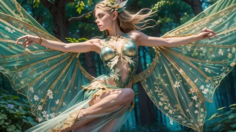 beautiful faerie woman, elf ears, flying, hovering, floating, centered holographic dragonfly wings, balanced wings, glowing blue...