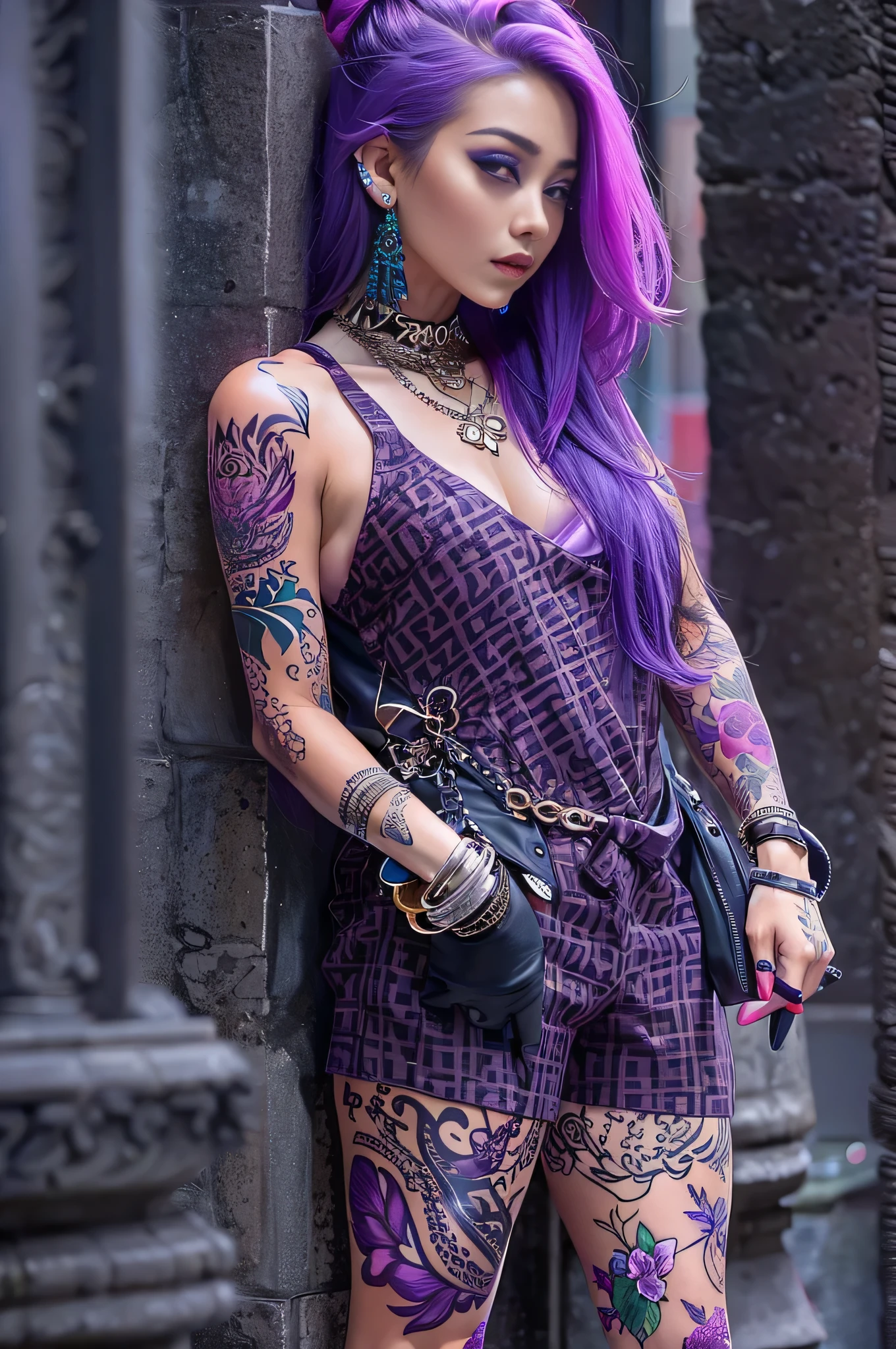 1 atemberaubende Frau, Helle Haut, inneres violett gefärbtes Haar,  Tätowierung am Arm, Piercing, Straßenmode,