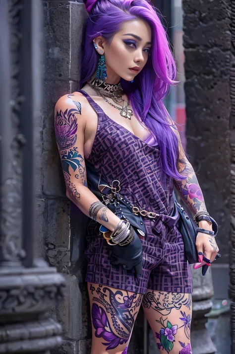 1 stunning female, fair skin, inner purple colored hair,  tattoo on the arm, piercing, street fashion,