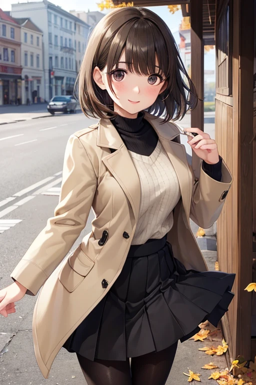 (masterpiece, Premium Quality: 1.2), alone, strong,
 One girl: Nene Anegasaki、Shiny brown hair, short hair, Beautiful brown eyes、smile、Sparkling eyes, (Fine grain)、Ultra-detailed eyes、Highly detailed face, Highly detailed eyes,
 
(high quality, High resolution, Fine details), (((Spring Coat、black rib knit、mini skirt、pantyhose))),

 Urban Background, Autumn leaves, Stylish accessories, Stunning hairstyle, Natural light, Impressive pose, alone, woman, Sparkling eyes, (Fine grain), smile, blush, Sweat, Oily skin, Shallow depth of field