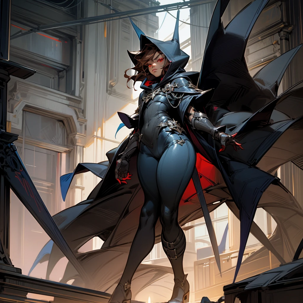 1boy, Femboy, superhero, crossdresser man, teenager, with a dark blue with red accents full body Spandex crow themed suit, with a blue cape, a blue glowing decal in the chest, black gloves and black boots that resemble crow feet, and a hoodie, long technological red sword, brown skinned, red eyes, feminine shoulder length dark brown hair, wide hips, thick thighs , flat chest, narrow waist, walking down street a futuristic city at night ((only one character))