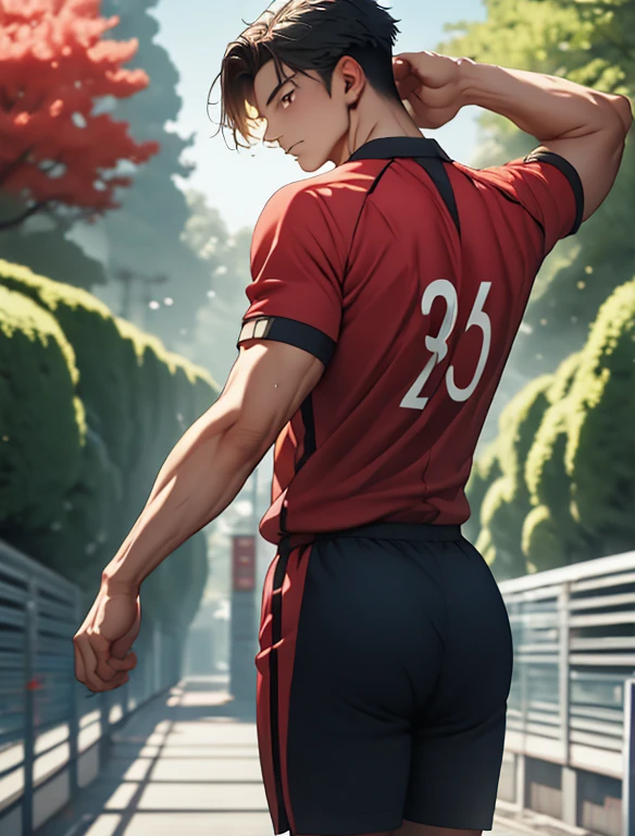 1boy, (Masterpiece, Top Quality, Best Quality), upper-body, blonde hair, black hair, multi-colored hair, forehead, (gym uniform: 1.1), solo, exterior, Park, Walking, blue skies, sakura trees, male focus, 8K, Negative_Hand-Neg Oji,Back, behind, Shows ass