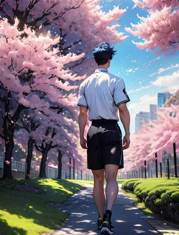 1boy, (Masterpiece, Top Quality, Best Quality), upper-body, blonde hair, black hair, multi-colored hair, forehead, (gym uniform: 1.1), solo, exterior, Park, Walking, blue skies, sakura trees, male focus, 8K, Negative_Hand-Neg Oji,Back, behind, Shows ass