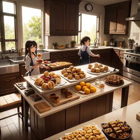 Smiling children and their mothers, Making pastries and pies, Home kitchen with large windows, Natural light, Very detailed.