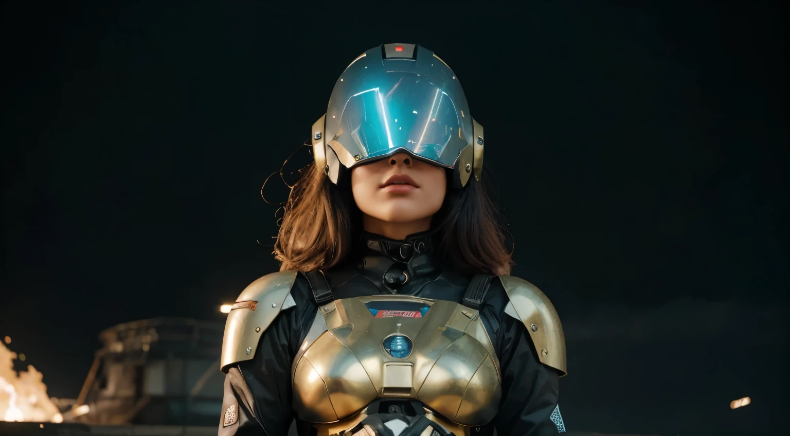 A sexy robot girl with helmet and Rocketeer style, tweezers in hands, Television head, pin head, Preto e Amarelo Rosa Ciano Enferrujado, Ambiente em uma cratera de meteorito super detalhado, Centro, lindo, soft lighting, focado no personagem, 4k resolution, Photorealistic rendering.