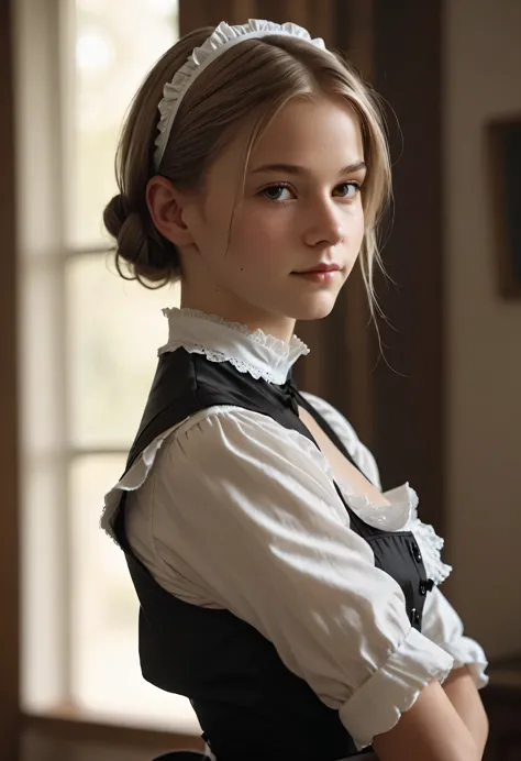 by bojan jevtic, michael borremans, vector art, raw photo,close up of a strong 13yo young norwegian beauty french maid, alluring...