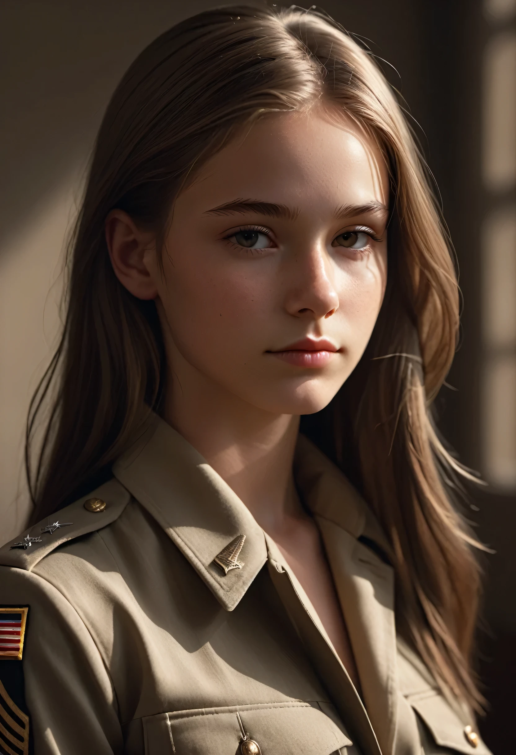 by Bojan Jevtic, Michael Borremans, Vector Art, RAW photo,close up of a strong 14yo Young American Beauty army officer, alluring, flat chested, Thoughtful Pose, Land Art, Ilford HP5+ 400, F/5, perfect skin, Smooth Skin,Full Body,Bold, Brilliant Dim Background Light, Friarmoody lighting,Sharp and in focus,8k, Visual novel, dramatic side lighting, Soft Image, Brilliant Masterpiece, open jacket, topless, sad smile, long straight hair