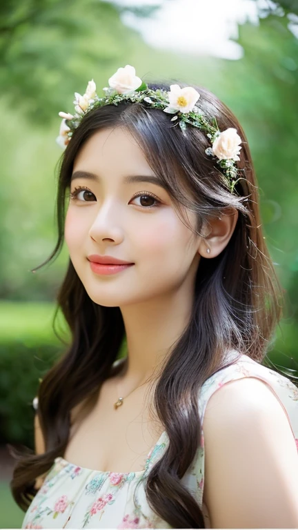 The image captures a moment of serene beauty, featuring a young woman with a delicate flower crown adorning her hair. Her gaze is direct and engaging, drawing the viewer into her world. The soft, natural lighting accentuates her features, highlighting her gentle smile and the subtle blush on her cheeks. The floral pattern on her dress complements the floral crown, creating a harmonious blend of nature and elegance. The background, though blurred, suggests a tranquil garden setting, adding to the overall ethereal and dreamlike quality of the portrait.