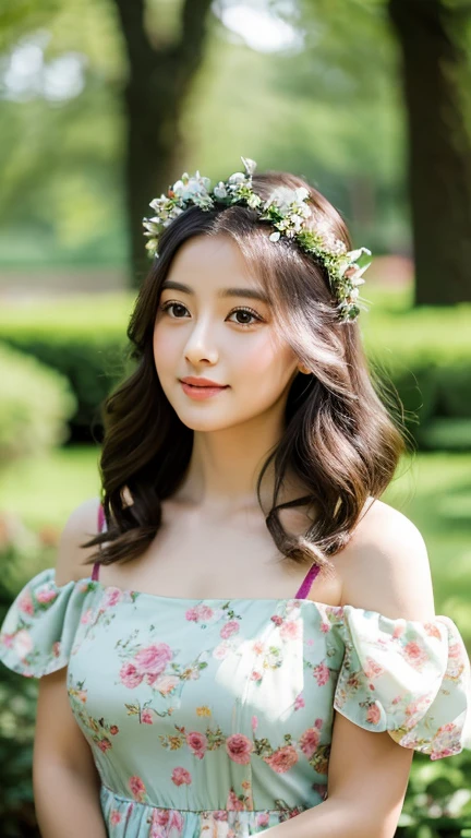 The image captures a moment of serene beauty, featuring a young woman with a delicate flower crown adorning her hair. Her gaze is direct and engaging, drawing the viewer into her world. The soft, natural lighting accentuates her features, highlighting her gentle smile and the subtle blush on her cheeks. The floral pattern on her dress complements the floral crown, creating a harmonious blend of nature and elegance. The background, though blurred, suggests a tranquil garden setting, adding to the overall ethereal and dreamlike quality of the portrait.