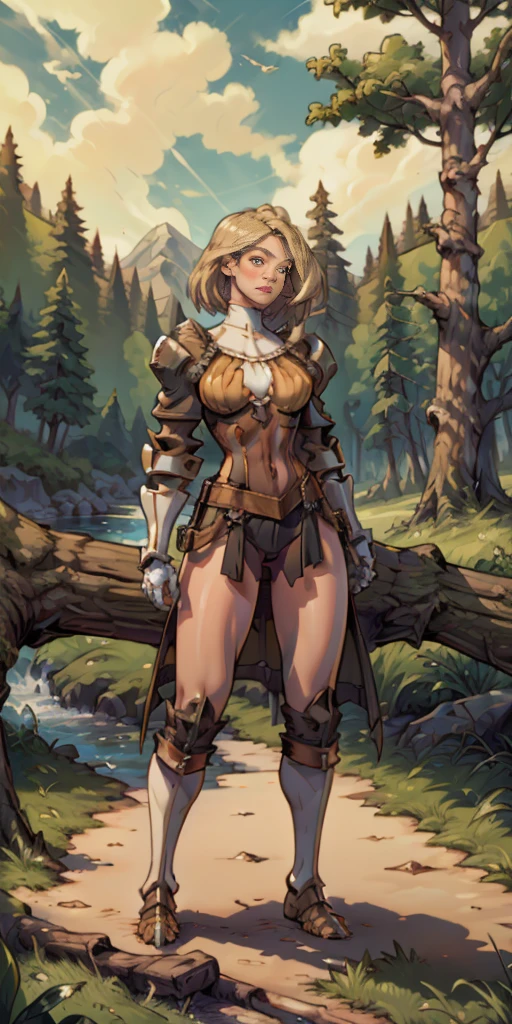 full body toe to head, masterpiece, 1soloMILF BIMBO standing pose, strong body, abs, shiny skin (masterpiece, best quality) 1girlsolo wearing rathalos armor (sunshine, sky, river, forest)