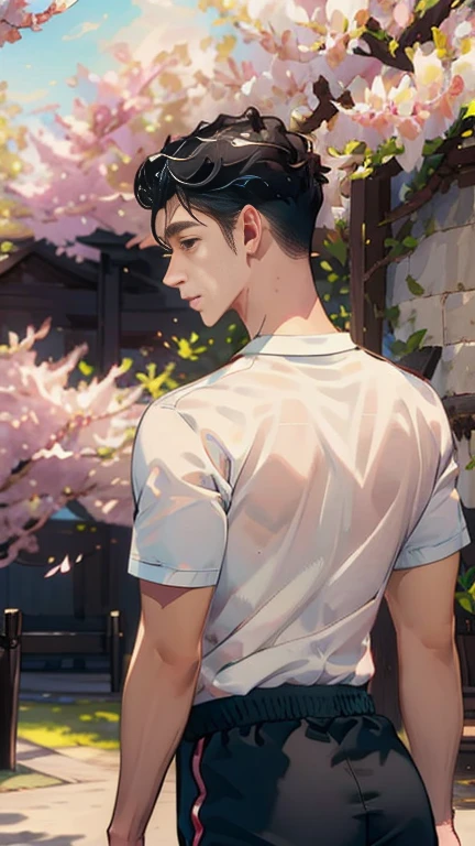 1boy, (Masterpiece, Top Quality, Best Quality), upper-body, blonde hair, black hair, multi-colored hair, forehead, (gym uniform: 1.1), solo, exterior, Park, Walking, blue skies, sakura trees, male focus, 8K, Negative_Hand-Neg Oji,Back, behind, Shows ass,йй Wearing slip-on shorts with a cute polka dot pattern