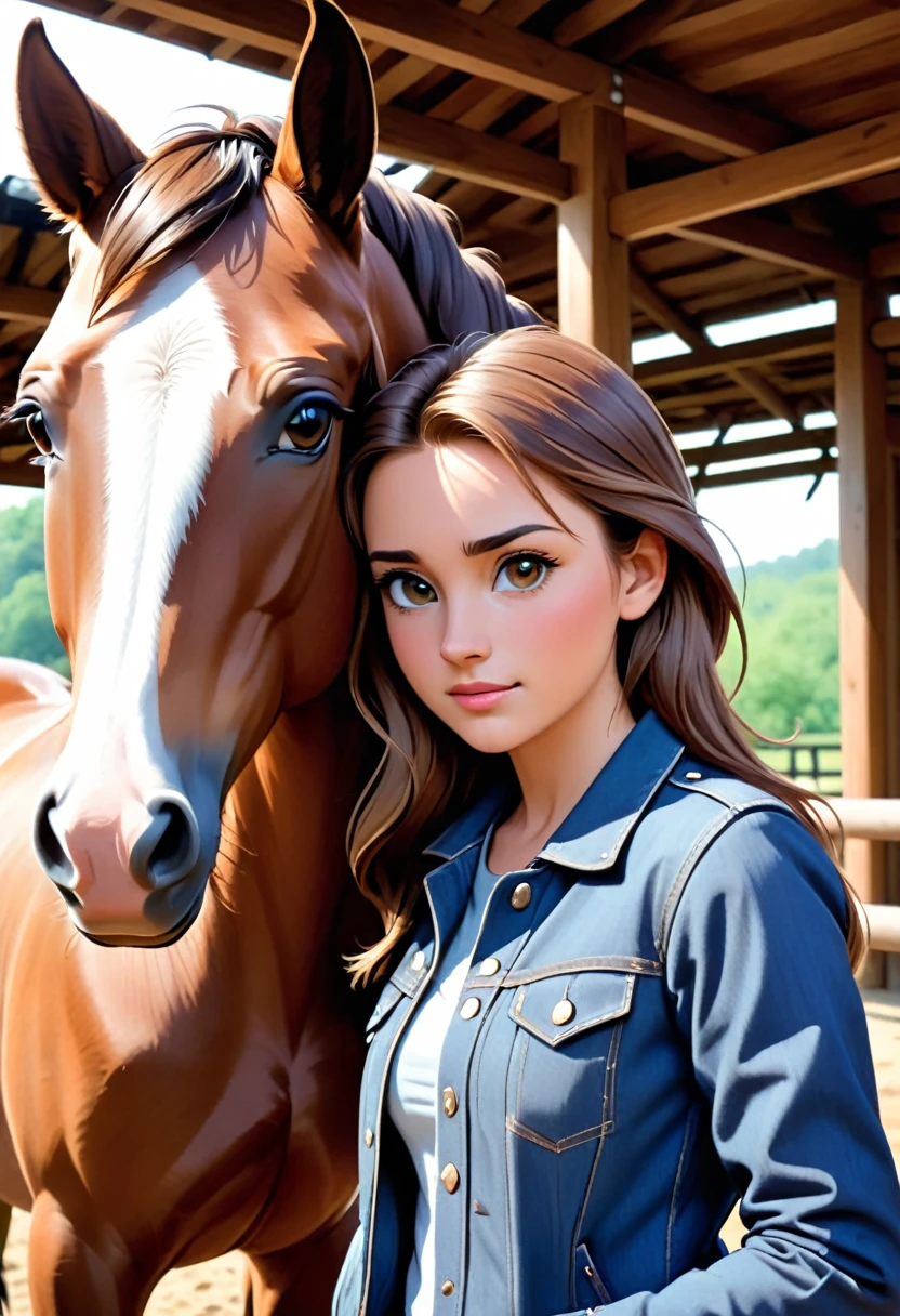 In the image, there is a woman standing next to a horse. The woman appears to be in her late teens or early twenties, with long brown hair. She is wearing a denim jacket and has a gentle expression on her face. The horse is a large brown animal with a white blaze on its forehead, which is a distinctive marking. The horse's ears are perked forward, indicating alertness or attentiveness. They are both standing in a wooden structure that could be a stable or a covered area, with wooden beams visible in the background. The lighting suggests it might be an overcast day or the photo is taken in a shaded area. The overall atmosphere of the image is calm and serene.