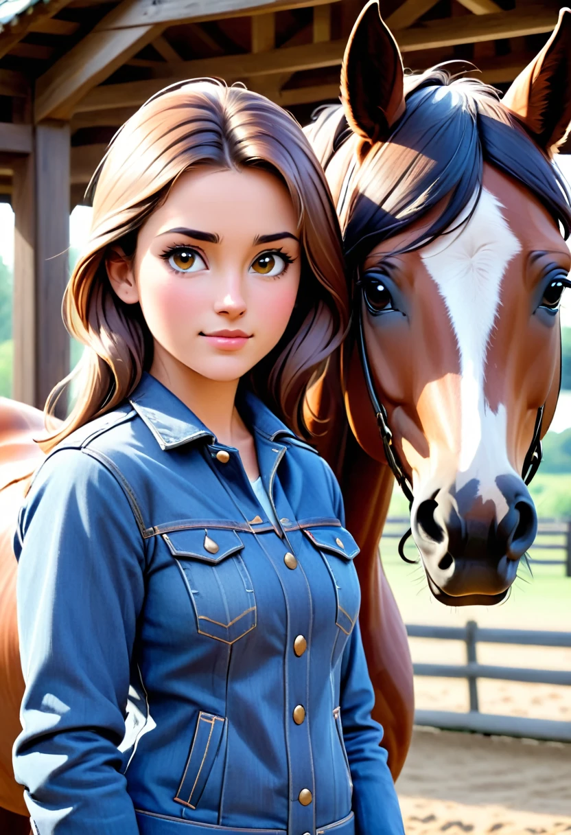 In the image, there is a woman standing next to a horse. The woman appears to be in her late teens or early twenties, with long brown hair. She is wearing a denim jacket and has a gentle expression on her face. The horse is a large brown animal with a white blaze on its forehead, which is a distinctive marking. The horse's ears are perked forward, indicating alertness or attentiveness. They are both standing in a wooden structure that could be a stable or a covered area, with wooden beams visible in the background. The lighting suggests it might be an overcast day or the photo is taken in a shaded area. The overall atmosphere of the image is calm and serene.