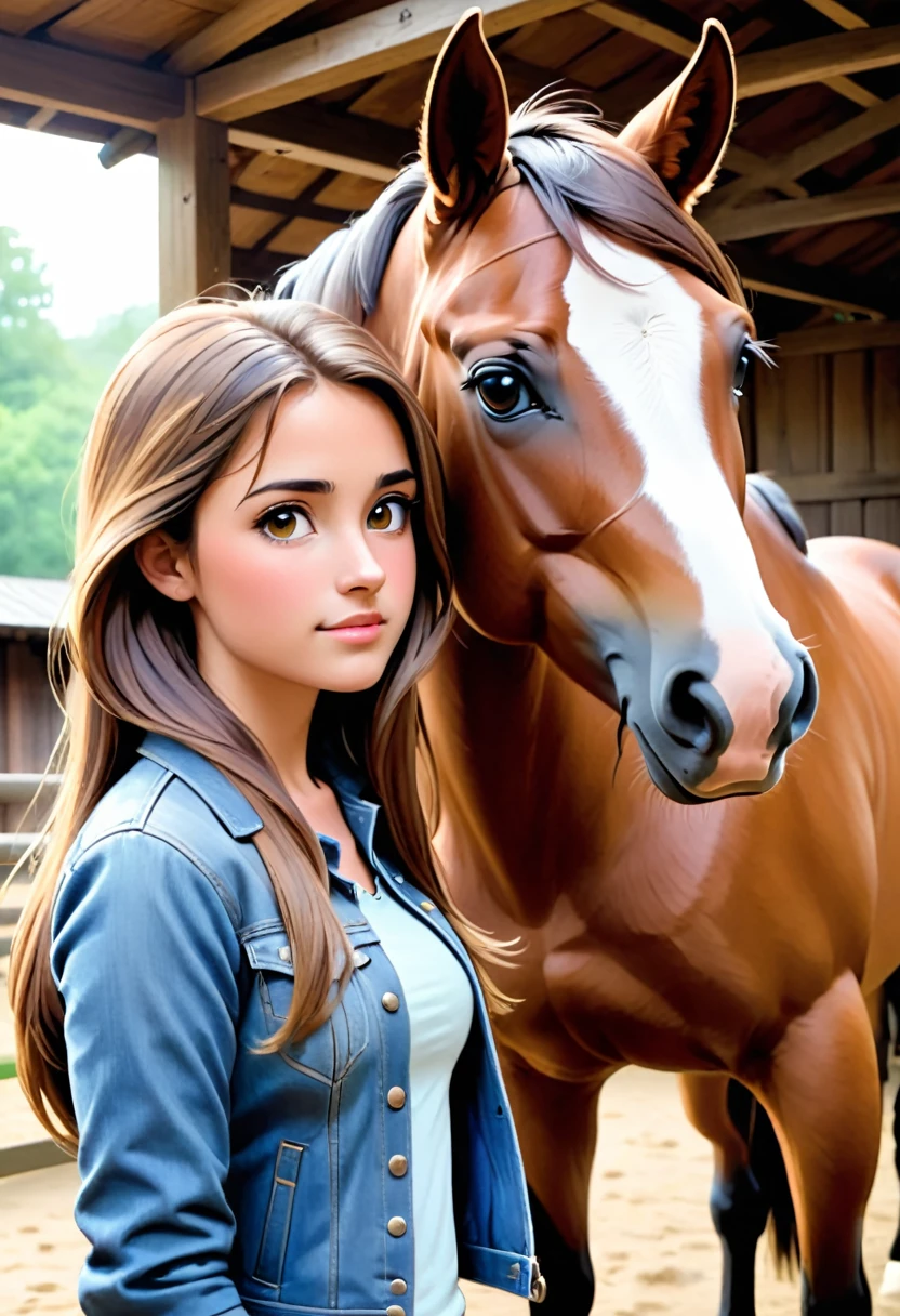 In the image, there is a woman standing next to a horse. The woman appears to be in her late teens or early twenties, with long brown hair. She is wearing a denim jacket and has a gentle expression on her face. The horse is a large brown animal with a white blaze on its forehead, which is a distinctive marking. The horse's ears are perked forward, indicating alertness or attentiveness. They are both standing in a wooden structure that could be a stable or a covered area, with wooden beams visible in the background. The lighting suggests it might be an overcast day or the photo is taken in a shaded area. The overall atmosphere of the image is calm and serene.