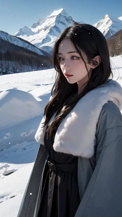 ((masterpiece)),highest quality, figure, dark, One girl, In the wilderness,A tall mountain,Snow-capped mountains visible in the ...
