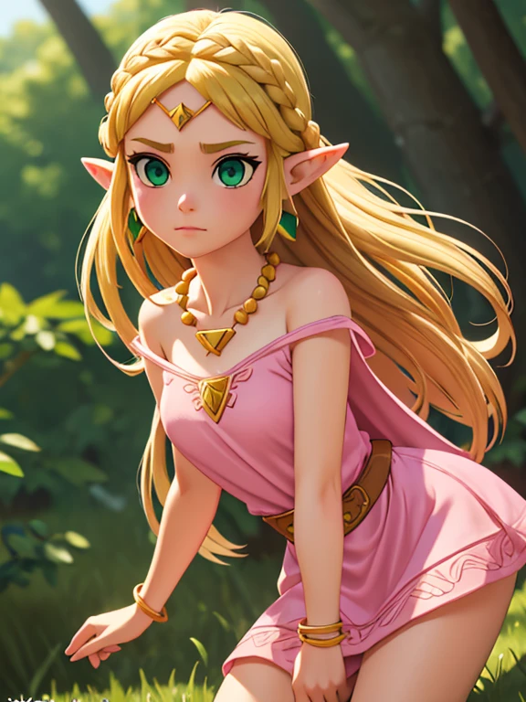 nsfw, princesszelda, princess zelda, blonde hair, (green eyes:1.5), pointy ears, long hair, parted bangs,
BREAK bead necklace, beads, belt, bracer, cape, circlet, collarbone, dress, earrings, jewelry, necklace, triforce, triforce earrings, v-shaped eyebrows,  (pink dress:1.5),
BREAK looking at viewer, full body,
BREAK outdoors,
BREAK (masterpiece:1.2), best quality, high resolution, unity 8k wallpaper, (illustration:0.8), (beautiful detailed eyes:1.6), extremely detailed face, perfect lighting, extremely detailed CG, (perfect hands, perfect anatomy),