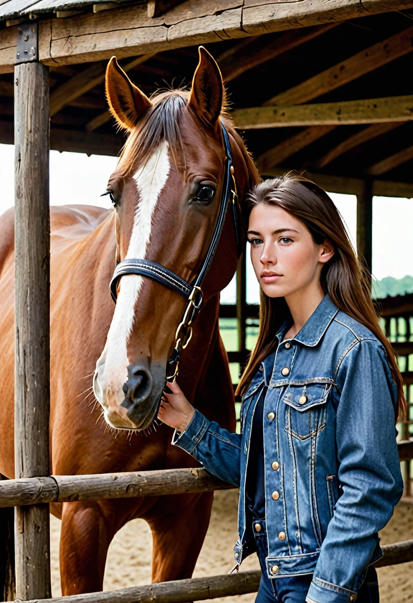 In the image, there is a woman standing next to a horse. The woman appears to be in her late teens or early twenties, with long brown hair. She is wearing a denim jacket and has a gentle expression on her face. The horse is a large brown animal with a white blaze on its forehead, which is a distinctive marking. The horse's ears are perked forward, indicating alertness or attentiveness. They are both standing in a wooden structure that could be a stable or a covered area, with wooden beams visible in the background. The lighting suggests it might be an overcast day or the photo is taken in a shaded area. The overall atmosphere of the image is calm and serene.