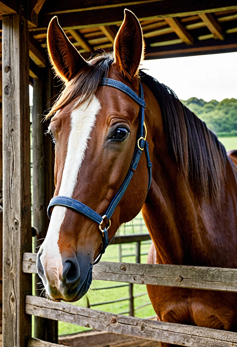 In the image, there is a woman standing next to a horse. The woman appears to be in her late teens or early twenties, with long brown hair. She is wearing a denim jacket and has a gentle expression on her face. The horse is a large brown animal with a white blaze on its forehead, which is a distinctive marking. The horse's ears are perked forward, indicating alertness or attentiveness. They are both standing in a wooden structure that could be a stable or a covered area, with wooden beams visible in the background. The lighting suggests it might be an overcast day or the photo is taken in a shaded area. The overall atmosphere of the image is calm and serene.