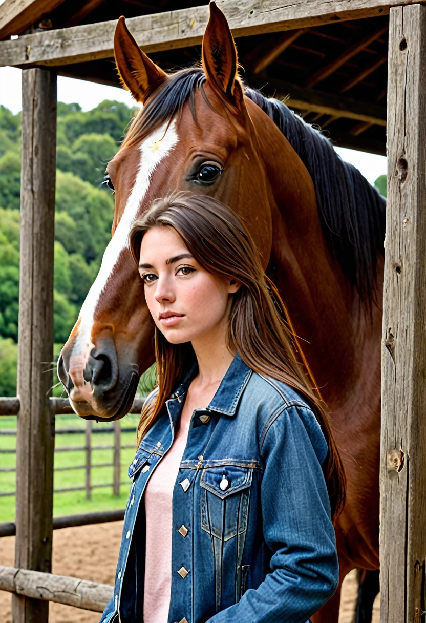 In the image, there is a woman standing next to a horse. The woman appears to be in her late teens or early twenties, with long brown hair. She is wearing a denim jacket and has a gentle expression on her face. The horse is a large brown animal with a white blaze on its forehead, which is a distinctive marking. The horse's ears are perked forward, indicating alertness or attentiveness. They are both standing in a wooden structure that could be a stable or a covered area, with wooden beams visible in the background. The lighting suggests it might be an overcast day or the photo is taken in a shaded area. The overall atmosphere of the image is calm and serene.