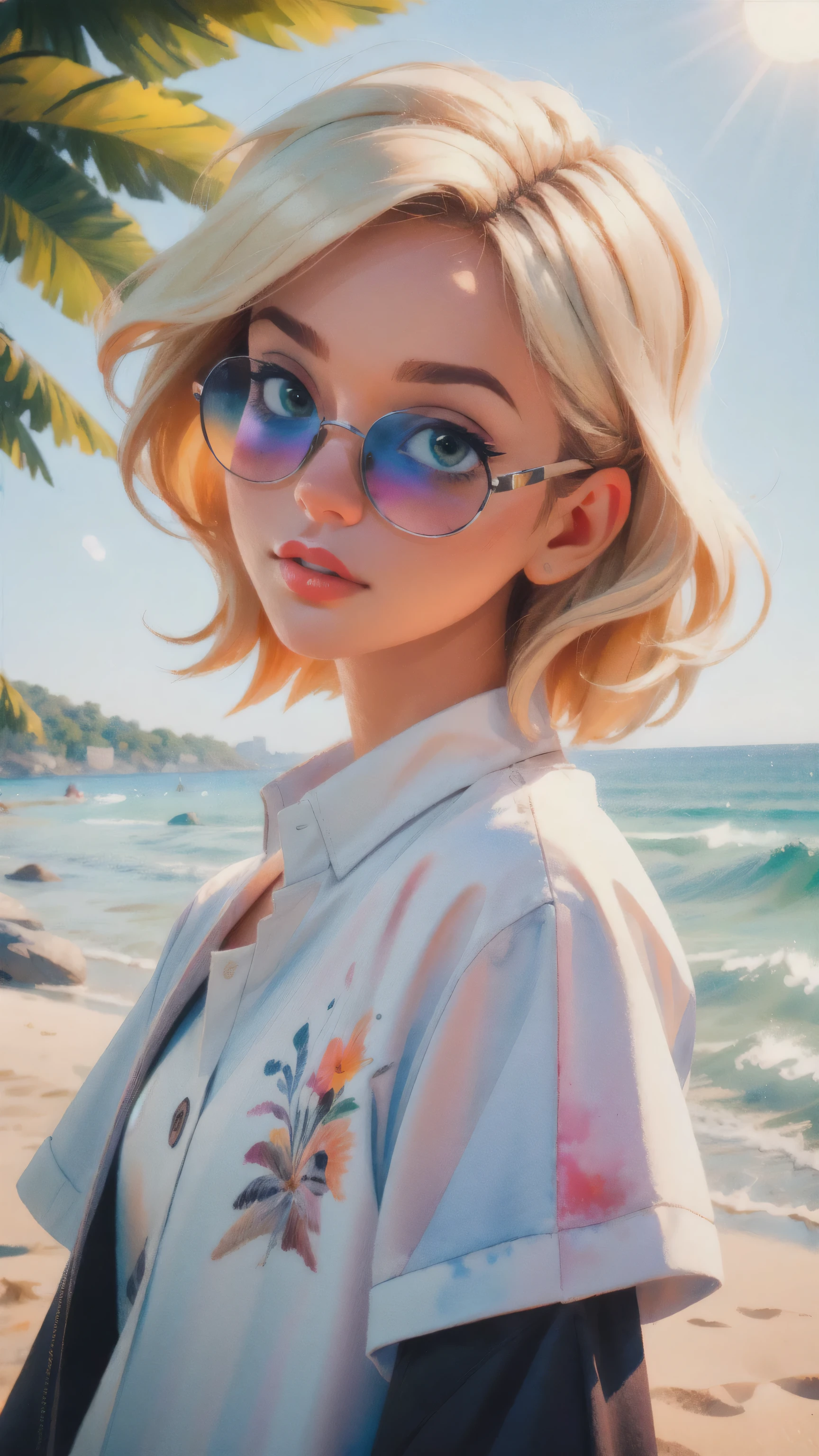 (masterpiece:1.4), (best quality:1.4) 1man,blond hair, platinum blond, handsome man, one man, wearing a beach shirt and white outfit, wearing sunglasses, looking like a model, illuminated by natural light and sunlight, positioned on the beach, 3D cartoon style, vibrant, colorful, Watercolor, Ink, (best quality,4k,8k,highres,masterpiece:1.2),ultra-detailed,extremely detailed eyes, vivid colors, detailed background, detailed face, (sunlight theme:1.1), (style-swirlmagic:0.8), morning, wonderful art, vibrant colors