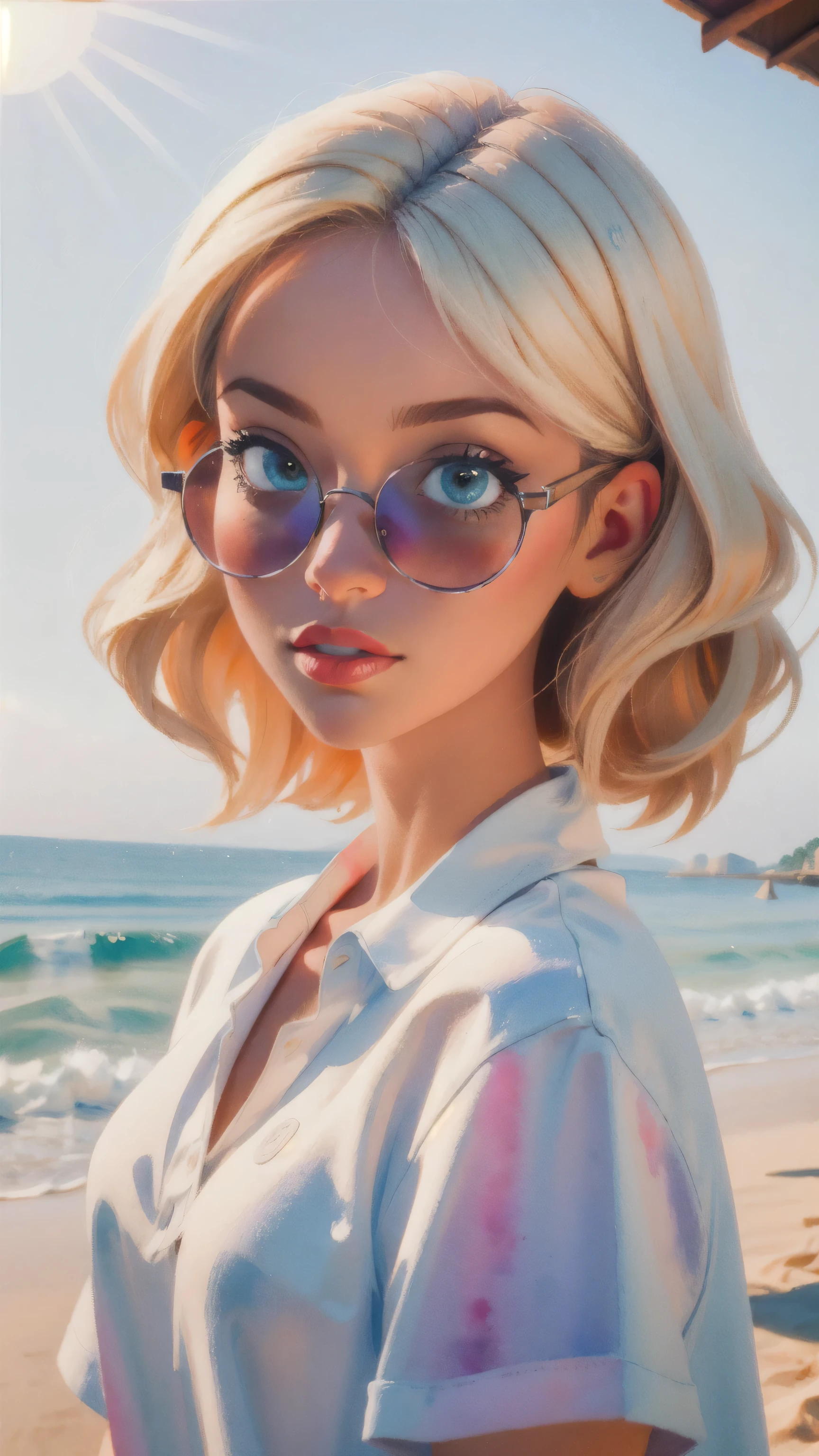 (masterpiece:1.4), (best quality:1.4) 1woman,blond hair, platinum blond, handsome woman, 1woman, wearing a beach shirt and white outfit, wearing sunglasses, looking like a model, illuminated by natural light and sunlight, positioned on the beach, 3D cartoon style, vibrant, colorful, Watercolor, Ink, (best quality,4k,8k,highres,masterpiece:1.2),ultra-detailed,extremely detailed eyes, vivid colors, detailed background, detailed face, (sunlight theme:1.1), (style-swirlmagic:0.8), morning, wonderful art, vibrant colors