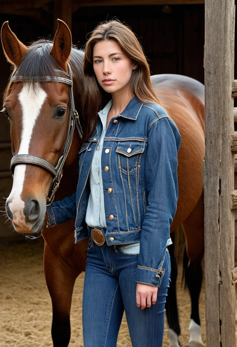 In the image, there is a woman standing next to a horse. The woman appears to be in her late teens or early twenties, with long brown hair. She is wearing a denim jacket and has a gentle expression on her face. The horse is a large brown animal with a white blaze on its forehead, which is a distinctive marking. The horse's ears are perked forward, indicating alertness or attentiveness. They are both standing in a wooden structure that could be a stable or a covered area, with wooden beams visible in the background. The lighting suggests it might be an overcast day or the photo is taken in a shaded area. The overall atmosphere of the image is calm and serene.