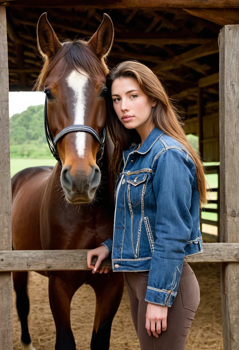 In the image, there is a woman standing next to a horse. The woman appears to be in her late teens or early twenties, with long brown hair. She is wearing a denim jacket and has a gentle expression on her face. The horse is a large brown animal with a white blaze on its forehead, which is a distinctive marking. The horse's ears are perked forward, indicating alertness or attentiveness. They are both standing in a wooden structure that could be a stable or a covered area, with wooden beams visible in the background. The lighting suggests it might be an overcast day or the photo is taken in a shaded area. The overall atmosphere of the image is calm and serene.