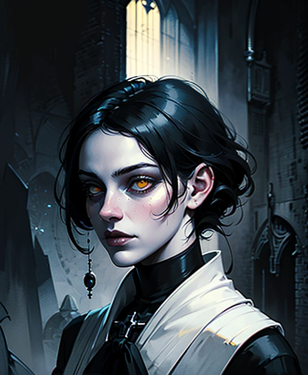 Woman with black hair and yellow eyes in white outfit, Vampire Girl, Dark, But detailed digital art, dark fantasy style art, Portrait of a vampire, androgynous vampire, Dark art style, style of charlie bowater, gothic horror vibes, tom bagshaw artstyle, gothic art style, dark fantasy portrait, neoartcore and charlie bowater