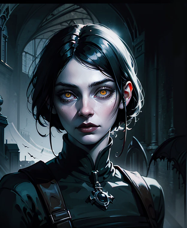 Woman with black hair and yellow eyes in white outfit, Vampire Girl, Dark, But detailed digital art, dark fantasy style art, Portrait of a vampire, androgynous vampire, Dark art style, style of charlie bowater, gothic horror vibes, tom bagshaw artstyle, gothic art style, dark fantasy portrait, neoartcore and charlie bowater